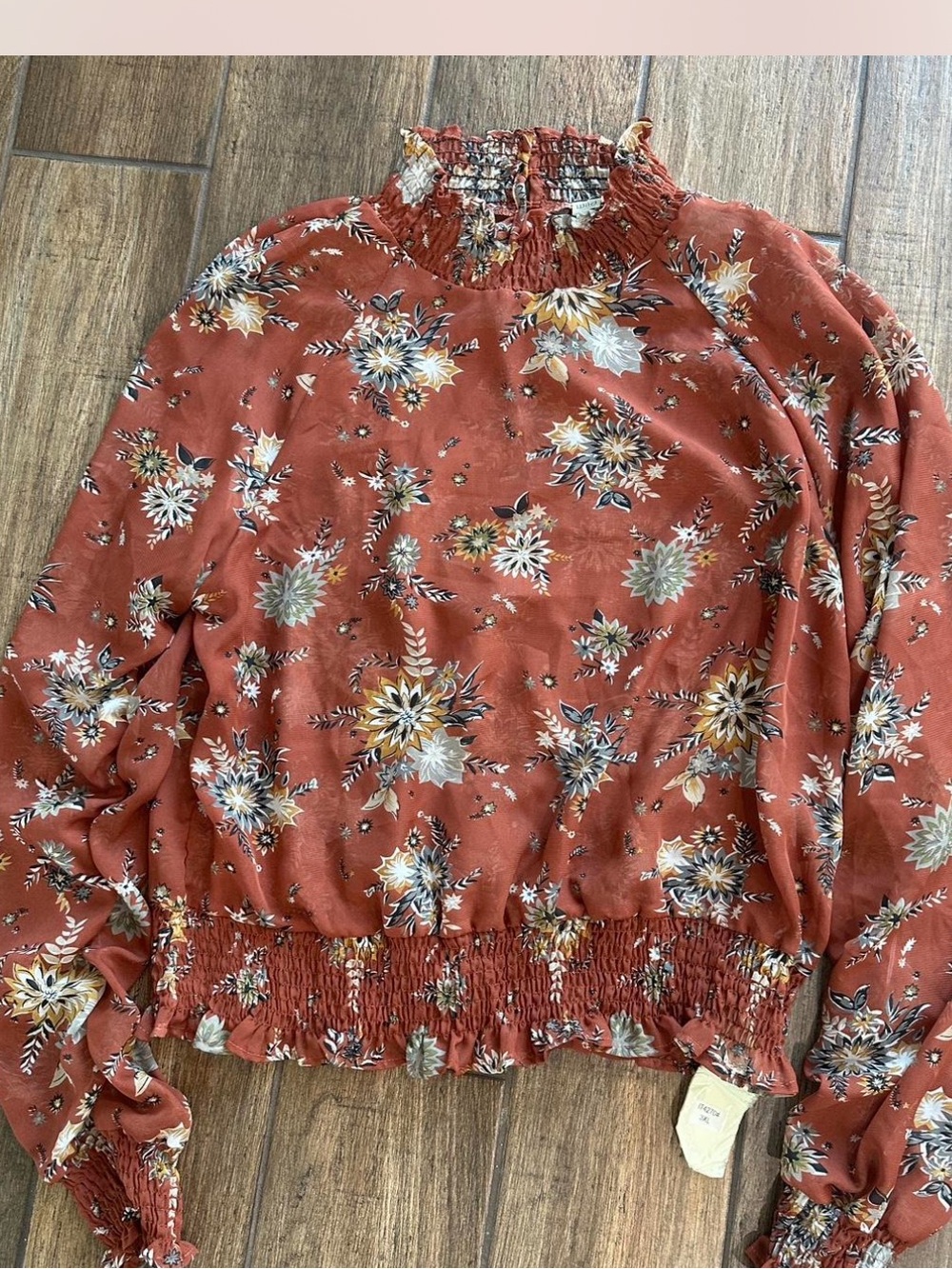Wild Jasmine Rust Floral Smocked-Neck Long Sleeve Blouse
